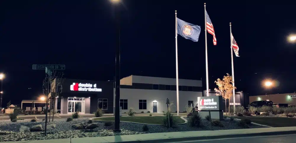 a building with flags in front of it