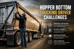Hopper bottom trucking driver managing a trailer tarp while navigating load balance, physical demands, weather exposure, and tight delivery schedules.
